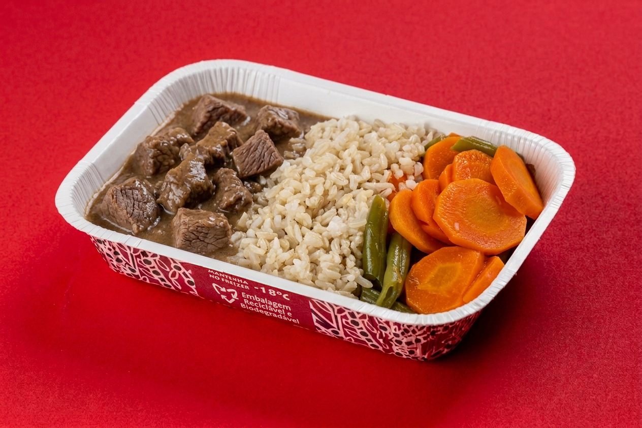 Estrogonofe de filé mignon com arroz integral e legumes no azeite 400g