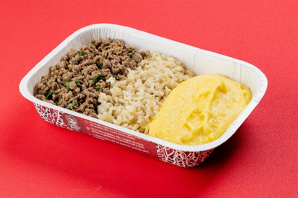 Carne moída refogada com cebolinha, arroz integral e purê de mandioquinha 400g