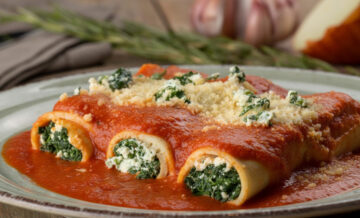 Panqueca integral de ricota com espinafre e nozes ao molho pomodoro e parme...