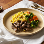 Filé Mignon em tiras com molho de shimeji, arroz jasmine e legumes 400g